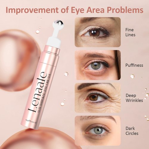 Eye Cream Anti Aging Under Eyes Cream Dark Circles with Super Vitamin A, Peptides & Hyaluronic Acid, Eye Serum With 360° Roller Massage Ball for Puffiness and Bags 0.5 oz