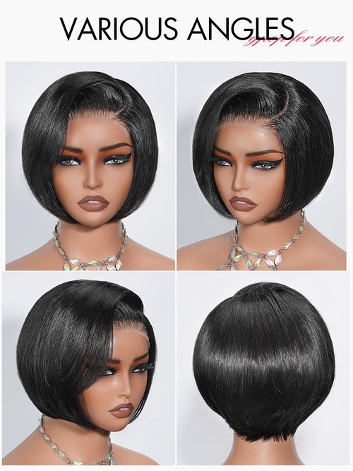 GPOP Short Bob Wig Human Hair Straight Glueless Wigs Human Hair Pre Plucked Pre Cut 250 Density 5x5 HD Lace Glueless Drawstring Pixie Cut wigs for Women Natural Color