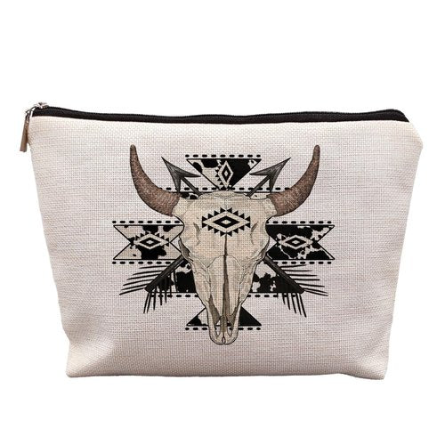 uinwk Aztec Western Makeup Bags for Women, Cow Makeup Bag, Bull Skull Western Cosmetic Bag, Western Gifts for Women, Cowgirl Gifts, Cowgirl Stuff, Western Stuff for Women
