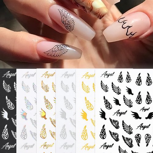 Angel Wings Nail Stickers Laser Metallic Angel Wings Nail Decals 3D Self-Adhesive Holographic Gold Silver Wings Letter Decals Stickers Design Nail Art Supplies for Nails Manicure Decorations 6 Sheets