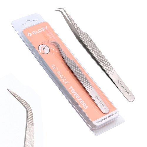 Glory 45 Degree Angle Lash Tweezers for Eyelash Extensions – Precision Fiber Tip Diamond Grip Stainless Steel Lash Tool for Classic Volume & Professional Lash Tech Supplies