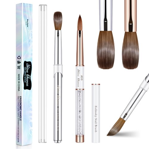 Shine Chance 2Pcs Acrylic Nail Art Brushes Size 8 12, 100% Pure Kolinsky Hair Oval Nail Brush for Acrylic Application, Professional Nail Extension Manicure Tool Striping Nail Drawing Pen for Home