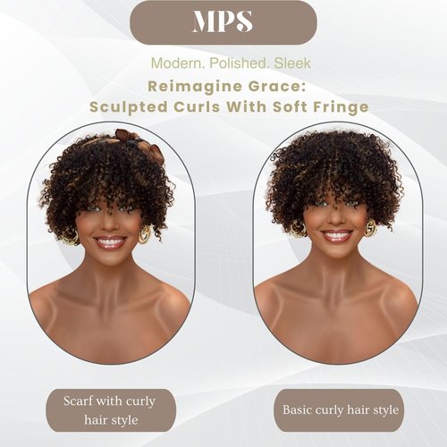 MPS Kinky Curly Wig with Bangs Blonde Highlight Wigs 3C-4A Coily Afro Curl Human hair Wig Short Human Hair for Black Women Ready to Wear