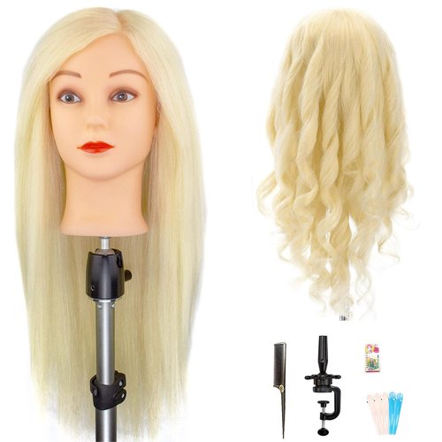 JMHAIR Blonde Mannequin Head with 80% Real Human Hair,28-30inches Long Hair Hairdresser Practice Training Head ,Manikin Cosmetology Makeup Manican Doll Head for Display Braiding Styling Curling