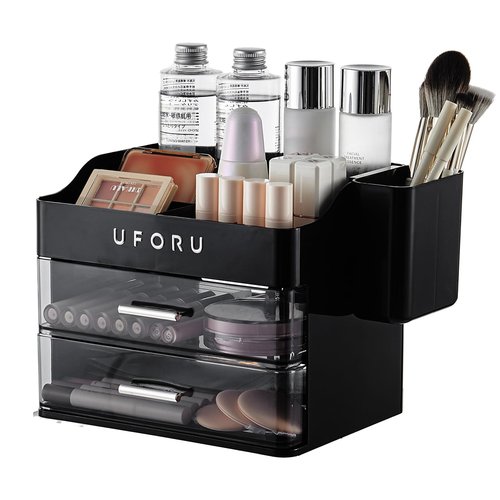 UFORU Makeup Organizer for Vanity with Brush Holder, Countertop Skincare Organizer with 2 Drawers, Spacious Cosmetic Display Case for Perfumes, Cologne, Shaving Lotion