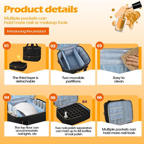 Cheungren Nail Polish Organizer Case - Three Layer Nail Polish Storage Bag with Adjustable Dividers Holds 84 Bottles Nail Polish Nail Lamp Nail Kit Supplies Organizer Box - Black