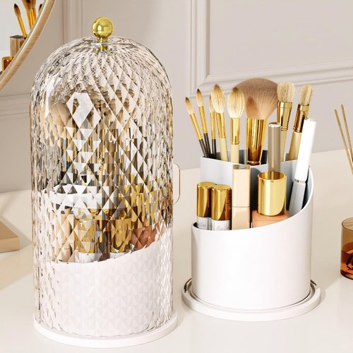 RONGZHIERK Makeup Brush Holder with Lid，Makeup Brush Storage Box with Diamond Pattern，360 Rotating Waterproof and Dustproof Beauty Brushes Storage for Vanity Bathroom,White