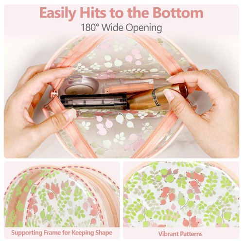 PACKISM TSA Approved Toiletry Bag - Pink Floral Print Clear Shell Bag and Upgrade Color-Edged Clear Travel Bag, Perfect for On the Go or Travel, Lightweight and Robust, 2 Pack