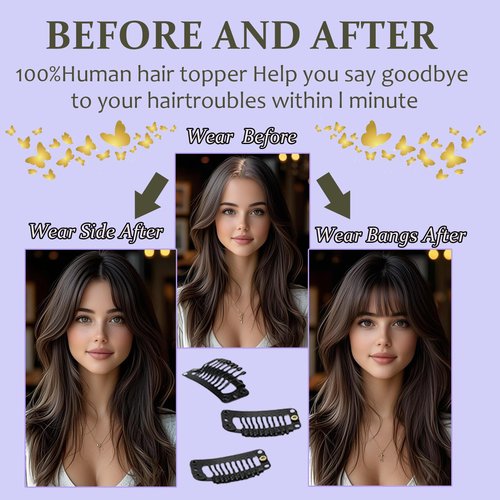 RMYHIG Hair Toppers for Women Real Human Hair, 360° 3D Human Hair Toppers for Women with Thinning Hair Upgrade Middle Part Clip in Bangs (Dark Brown(Big Coverage), 12 Inch-3D-Wispy)