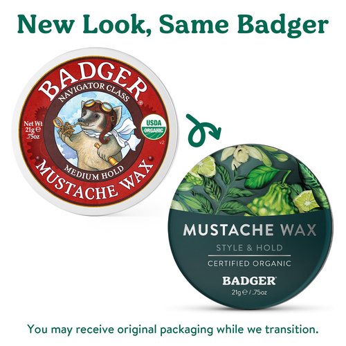 Badger Mustache Wax, Medium Hold, Light Masculine Scent, Easy to Apply, Certified Organic Versatile Moustache & Beard Wax, .75 oz Tin, 2-Pack