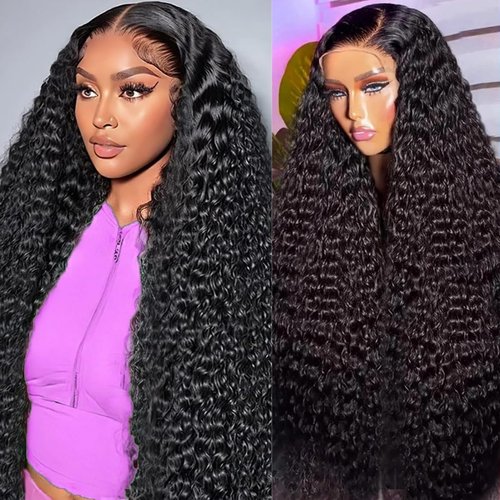 BEEKERKER 13x6 Deep Wave Lace Front Wigs Human Hair 220 Density HD Transparent Pre Plucked Deep Curly Frontal Wigs Human Hair for Women Natural Black 22 Inch