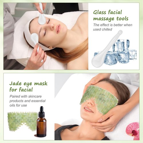 LazyGa 4 Pcs Jade Eye Mask & Skin-Safe Glass Facial Massage Tool, Jade Cooling Mask & Gua Sha Therapy Roller for Skincare Relieve Puffiness, Anti-Aging, Stress Relief