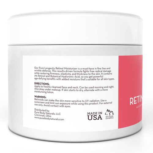 Pure Body Naturals Retinol Moisturizer, 1.7 Ounces - Moisturizing Retinol Cream for Face, Age Defying Eye Cream for Wrinkles and Lines with Hyaluronic Acid, Shea Butter, and Jojoba Oil (Pack of 2)