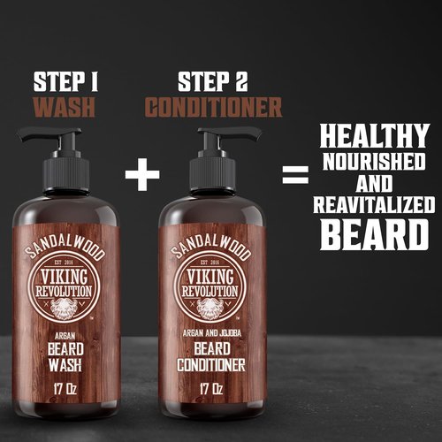 Viking Revolution Beard Wash Shampoo w/Argan & Jojoba Oils - Softens & Strengthens - Sandalwood Scent - 17 oz Shampoo