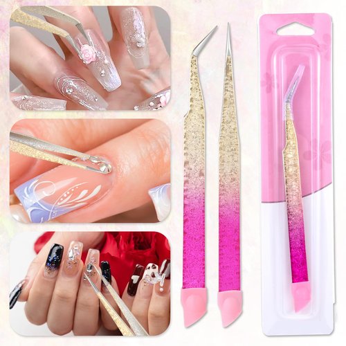 2 Pcs Double Ended Nail Art Tweezers with Silicone Pressing Head - Straight & Curved Tip Stainless Steel Tweezers for Eyelash Extensions & Nail Art Stickers