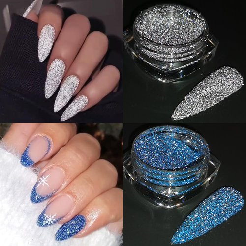 Reflective Glitter Powder Set, 8 Colors Sparkle Diamond Nail Glitter Dust, Silver Pink Purple Green Loose Glitter for Nails, Shiny Sugar Nail Powder Dipping Pigment, Nail Supplies