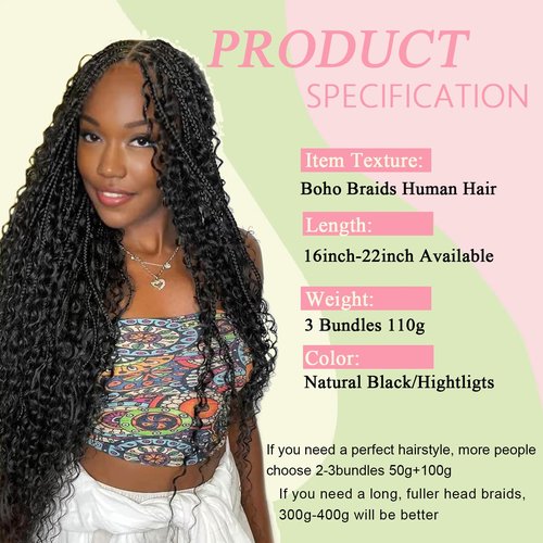 Boho Braids Human Hair for Braiding 110g 22 Inch 12A Deep Water Wave Bulk Human Braiding Hair for Boho Braids Knotless Wet and Wavy Virgin Extensions Bohemian No Weft Curly 3 Bundles Natural Black