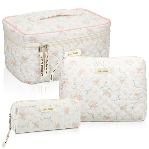 Zeyune 3 Pcs Makeup Bag Quilted Cosmetic Bags Large Floral Makeup Bag Set for Women Cotton Flower Travel Toiletry Storage Cute with Zipper for Women Mom Birthday Gift Home Bathroom(Apricot Peony)