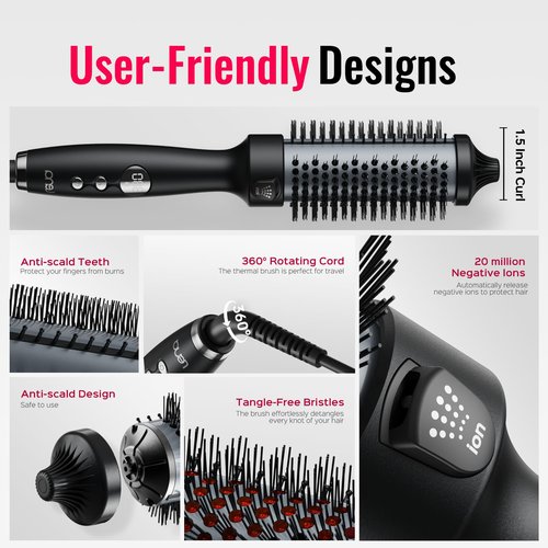Thermal Brush,Lena 1.5 Inch All-in-1 Heated Round Brush with Titanium Barrel-Infrared&Negative Ion Technology,Smooth,Frizz-Free Styling Tool,5 Heat Settings,LED Display,Black