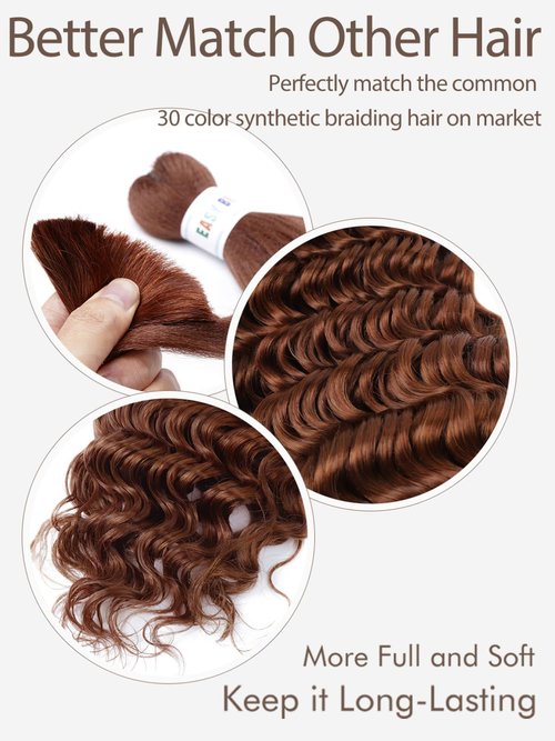 Ubinica Color 30# Auburn Brown Deep Wave Human Braiding Hair for Boho Braids 2 Bundles Total 100g 22 Inch Deep Wave Bulk Braiding Hair for Boho Braids