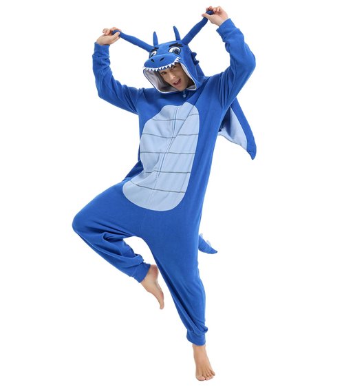 Focupaja Dragon Onesie Adults Animal Cosplay Halloween Pajamas Costumes Jumpsuit One Piece Sleepwear Blue Dragon Black Line M