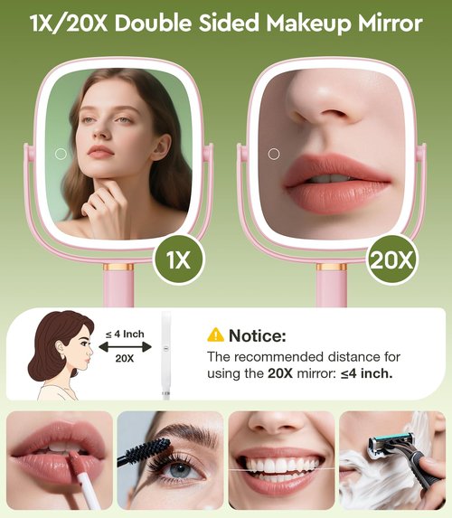 Glowtop Height Adjustable Lighted Makeup Mirror with Lights and Magnification, 1X 20X Magnifying Mirror with Light 4000mAh Rechargeable, Tray Base and Phone Stand for Desk, Gifts for Women (Pink)