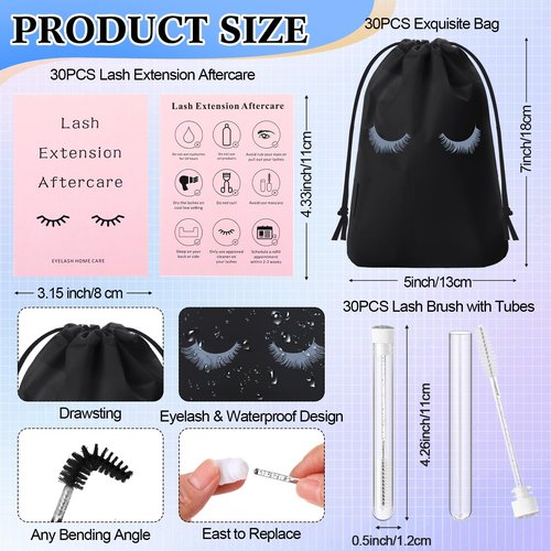 Zhehao 150 Pcs Lash Shampoo Kit Bottle Brushes Bulk 30 Eyelash Dispensers 30 Lash Shampoo Brushes 30 Reusable Aftercare Bag 30 Eyelash Pipes 30 Extension Aftercare Cards(Black)
