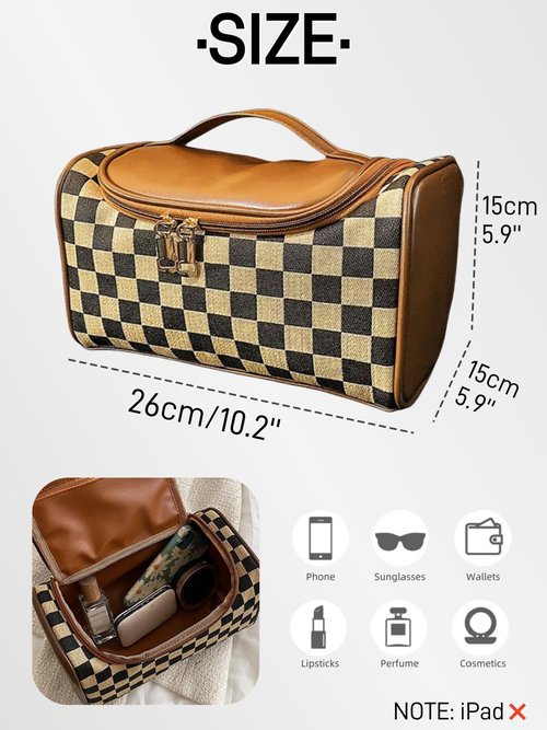 Zigihos Large Capacity Checkboard Plaid Cosmetic Bag for Women Travel Makeup Organizer Waterproof Toiletry Bag (Brown)