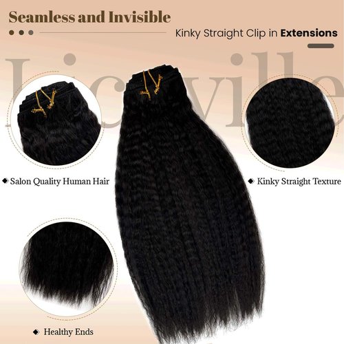 Kinky Straight Clip in Hair Extensions 120Gram Brazilian Virgin Kinky Clip in Human Hair Extensions for Black Women Full Head Natural Black #1b Kinky Straight Clip ins 18 Inch