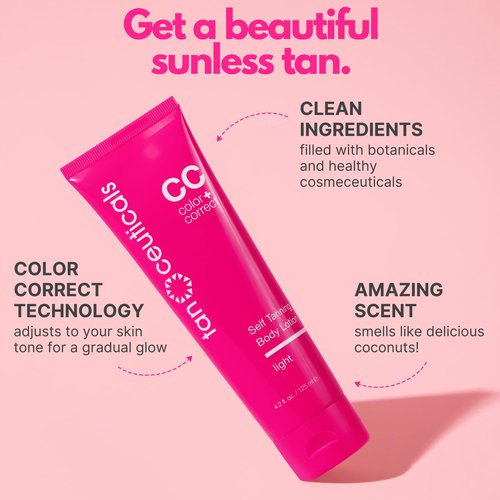 Tanceuticals Self Tanning Body Lotion - Light Self Tanner, Gradual Color Correcting & Natural Looking Sunless Tan – Quick Fake Tan, Bronze Glow - Fresh Coconut Scent & Healthy Ingredients (Light)