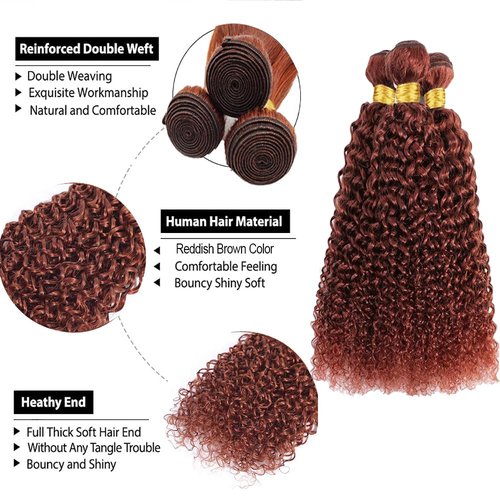 ZCMYVINND Reddish Brown Kinky Curly Human Hair Bundles Copper Red Bundles 08 10 12 Inch 300g Double Weft Unprocessed Brazilian Virgin Remy Hair Auburn Brown Jerry Curly Bundle Color 33 Soft and Silky