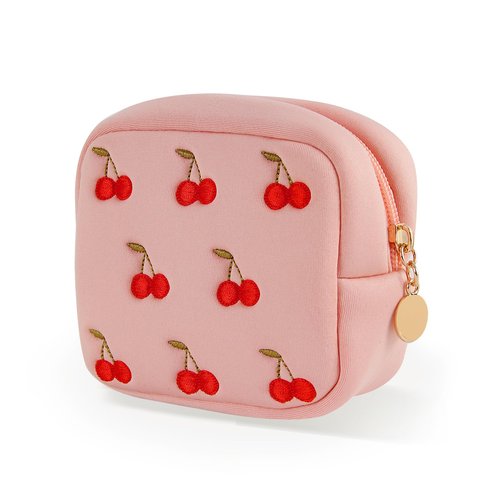 ZUCOLUS Pink Period Bag for Teen Girls, Mini Sanitary Napkin Storage Makeup Bag,Small Cherry Embroidery Period Bag for Women Girls