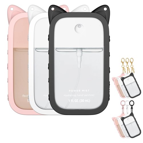 Sonnorel 3 Sets Silicone Case Compatible with Touchland Hand Sanitizer Spray (Fit for 1 FL OZ/30 mL Ver), Portable keychain Cute Color Ears (Black, White, Pink)