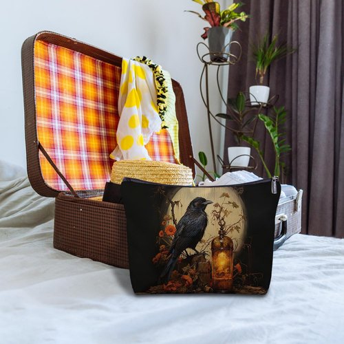 Zomhix Black Crow Raven Goth Canvas Makeup Bag for Women - Dark Art Gothic Gifts, Vintage Black Raven Cosmetic Bag for Purse Travel Bag, Crow Lovers Gifts
