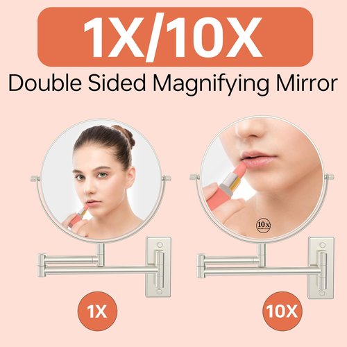 Erlingeryi 8" Wall Mounted Makeup Mirror 1X/ 10x Magnifying Mirror Double Sided Vanity Makeup Mirror for Bathroom Nickel Brush Finish