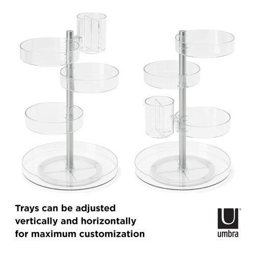 Umbra Pirouette Cosmetic Organizer, Large Capacity Makeup Storage with Adjustable Compartments, Clear/Nickel
