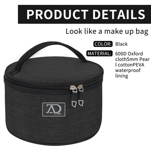 Travel Case for Wigs, Black Quilted Nylon with Interior Mirror, Zipper, & Double Stitching, Lightweight & Portable Wig Pouch by Adolfo Design