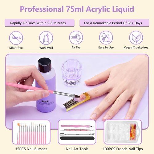 NIQZOPA Acrylic Nail Kit for Beginners: Professional Nail Kits with Everything - Acrylic Powder Liquid Set Nails Starter Kit With Drill and UV Light - Beginner Nail Tech Kit for Home Salon in Pink Bag