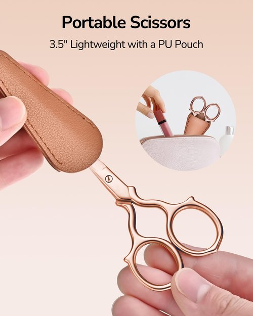 ULG Multi-Purpose Eyebrow Scissors Small Precision Grooming Kit for Women & Men – 3.7” Stainless Steel Beauty Scissors for Eyebrow, Eyelash, Nose Hair, Beard, Mustache with a PU Pouch, Rose Gold