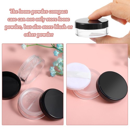 2pcs 10ml/0.34oz Plastic Empty Travel Small Loose Powder Compact Refillable Loose Powder Containers Reusable No Leak Compact with Rotatable Sifter and Black Screw Lid