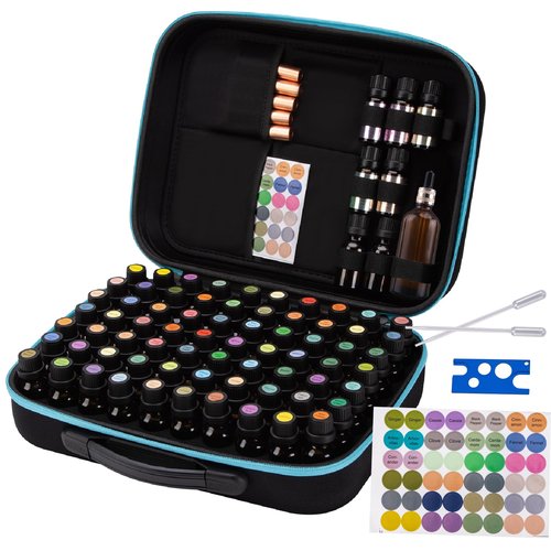 DHXYZZB Essential Oils Carrying Case Holds, 70 Bottles 5ml, 10ml, 15ml Bottles Storage Organizer Bag Hard Shell EVA, Essential Oil Bag with Labels & Bottle Opener & Plastic Droppers (Blue)