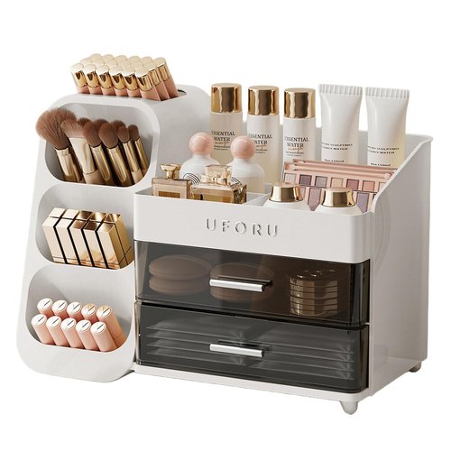 UFORU Makeup Organizer for Vanity with Brush Holder, Countertop Skincare Organizer with 2 Drawers, Spacious Cosmetic Display Case for Perfumes, Eyeshadow Palettes, Nail Polishes