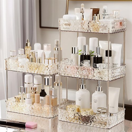 Makeup Organizer for Vanity,Bathroom Countertop Skincare Organizer,Makeup Counter Shelf Perfume Holder Rack,Cosmetic Display Case (Clear, 2 Tier)
