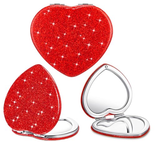 mpowtech Red Heart Shaped Compact Mirror for Purse,1x/2x Magnification Cute Travel Mirror with Glitter,2.76 inch Double-Sided Mini Folding Mirror,Small Pocket Mirror for Gift,Travel Essentials