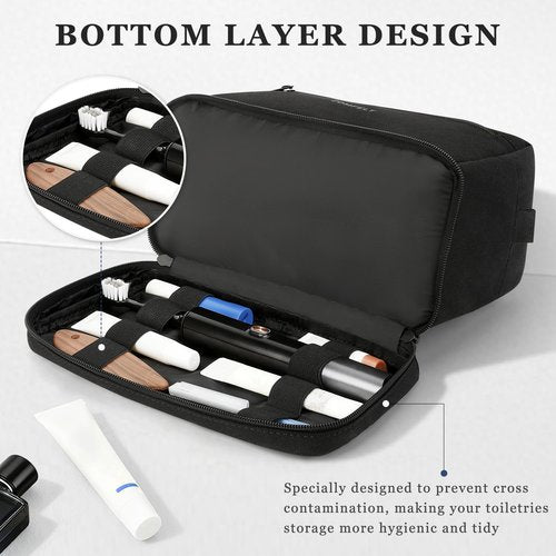 ZOMFELT Toiletry Bag for Men Women, Water Resistant Travel Dopp Kit with Dual Layers, Large Capacity Cosmetic Shower Organizer Bag for Gym Toiletries Accessories, Bathroom Essentials, Black