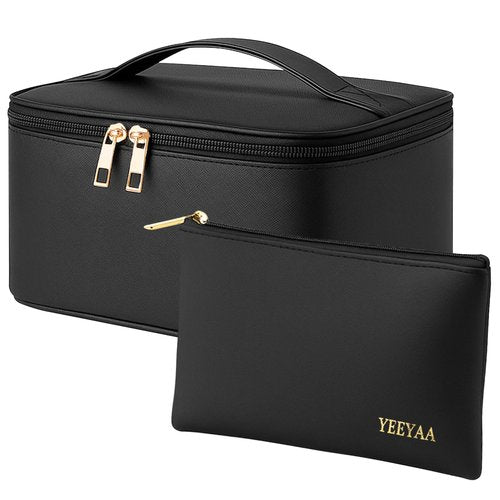 YEEYAA Travel Makeup Bag Toiletry Bag Waterproof Large Capacity Cosmetic Bags for Women Portable Make up Organizer Pouch With Divider Vegan Leather 2PCS Gifts for Mother Girls Black