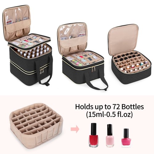 Yarwo Nail Polish Organizer Case Holds 72 Bottles (15ml/0.5 fl.oz), Detachable 3 Layers Nail Polish Storage Bag with Removable dividers for Nail Lamp and Nail Art Manicure Tools, Black (Bag Only)