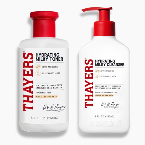 Thayers Milky Face Cleanser 8 FL Oz + Thayers Milky Toner 12 FL Oz with Snow Mushroom and Hyaluronic Acid, Dermatologist Recommended Hydrating Skincare for Dry and Sensitive Skin Bundle