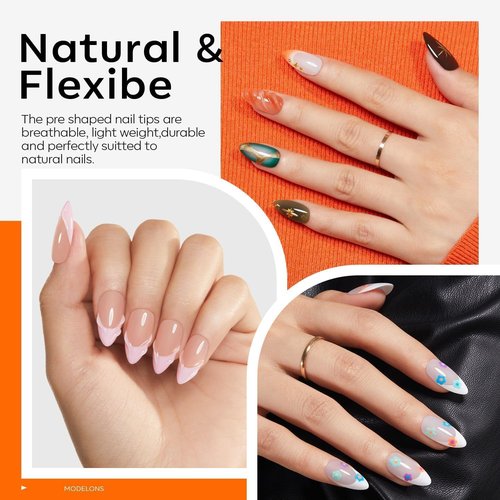 modelones 510PCS 15 Sizes Medium Almond Gel Nail Tips& Gel Base and Top Coat Set, 9-in-One Glue Nail Dehydrator & Mini U V Light Clipper