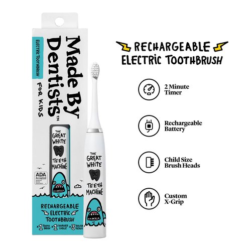 Made by Dentists Kids Electric Toothbrush - Rechargeable Vibrating Toothbrush with Timer, Includes 6 Replacement Heads, Gently Cleans Teeth, Girls and Boys, Kid & Toddlers Age 2+, Shark